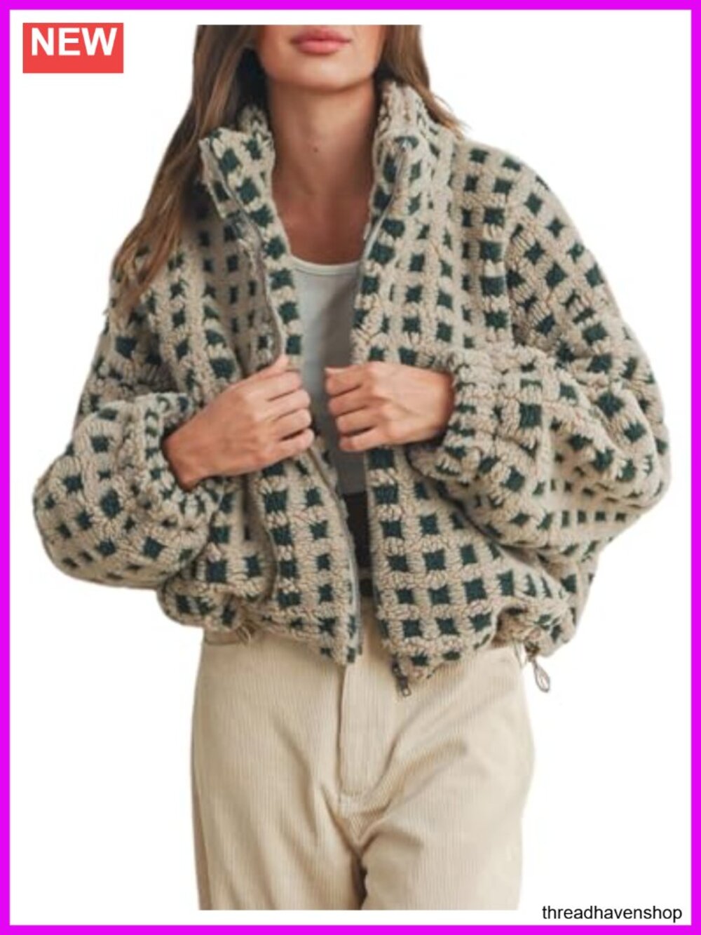 Cropped Sherpa Fleece Jacket Plaid Zip Up Teddy Coat